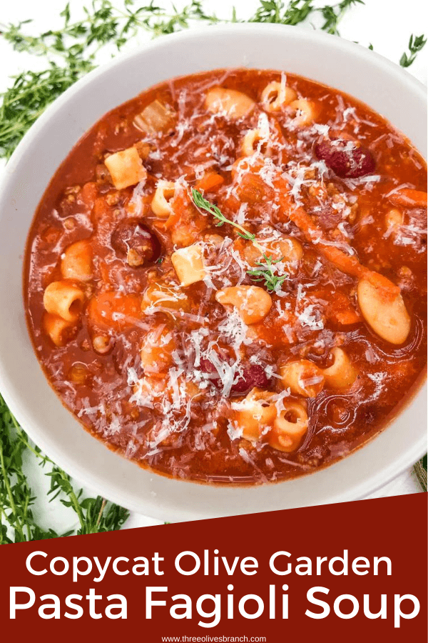 Pin image of a bowl of Copycat Olive Garden Pasta Fagioli Soup with title at bottom