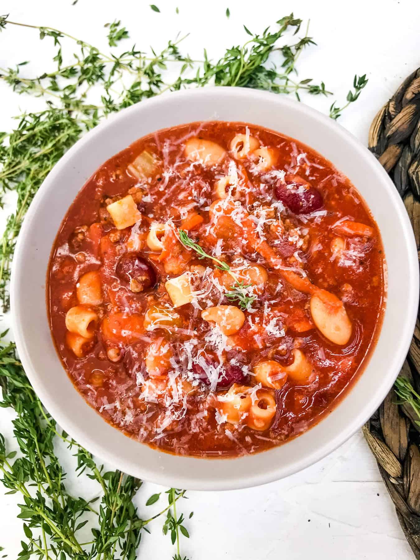 Top view of a bowl of Copycat Olive Garden Pasta Fagioli Soup