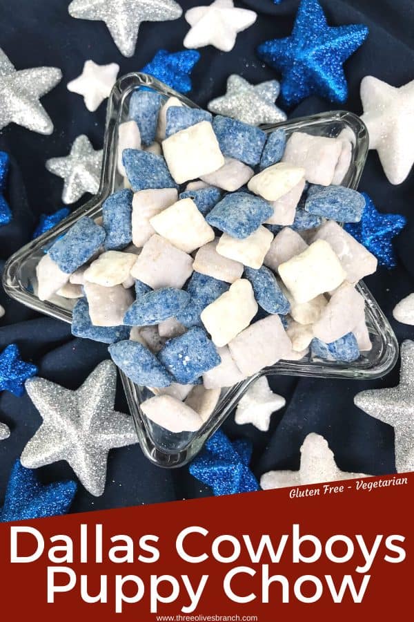 Pin image for Dallas Cowboys Puppy Chow in star dish with title at bottom