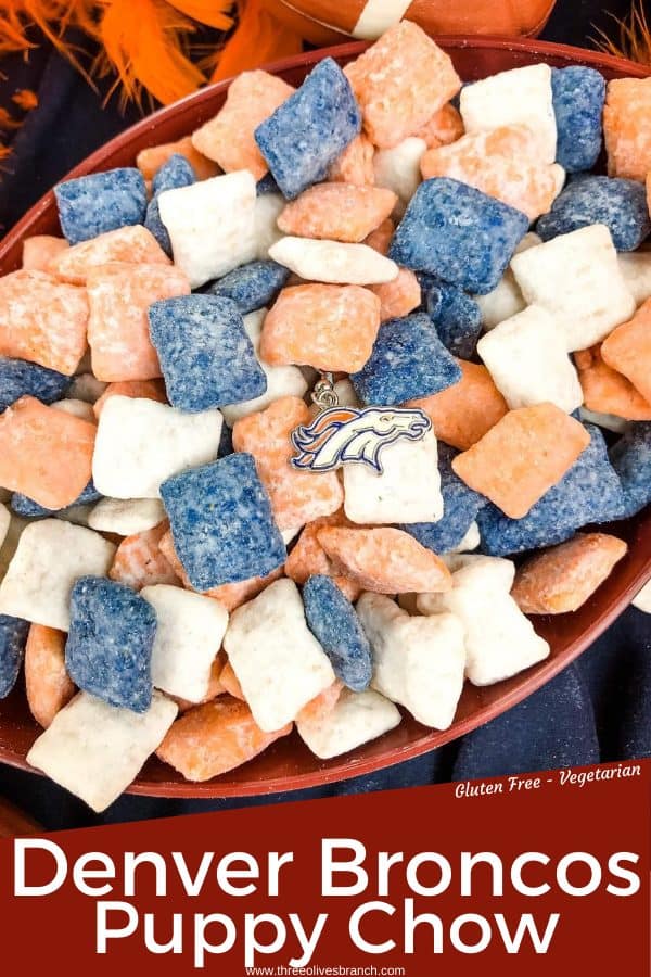 Pin image of Denver Broncos Puppy Chow with broncos logo and title at bottom