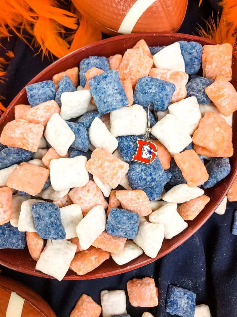 Denver Broncos Puppy Chow in a football bowl with the old logo