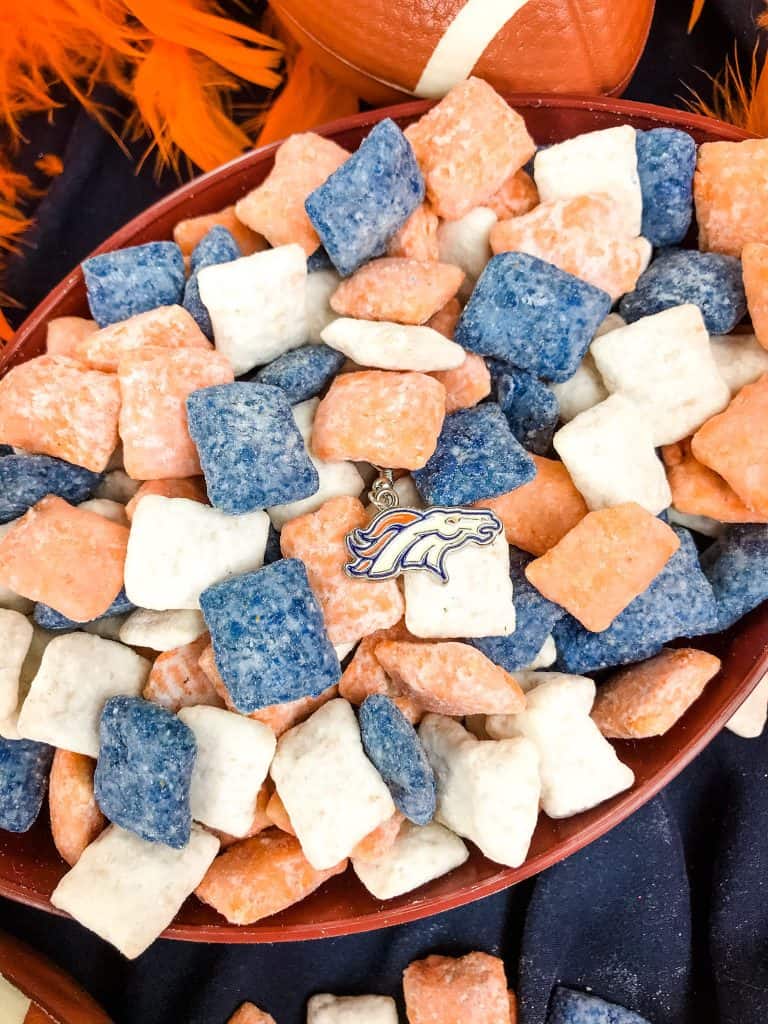 Denver Broncos Puppy Chow with the Broncos logo in a football bowl