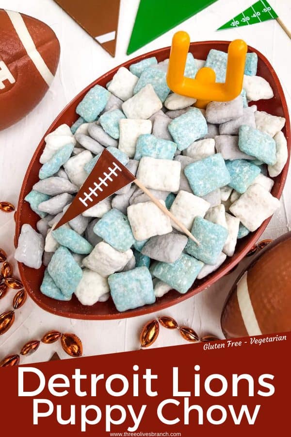 Pin for Detroit Lions Puppy Chow in a football bowl with title at bottom