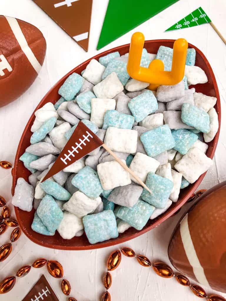 Detroit Lions Puppy Chow in a football bowl with a small goal post and football flag