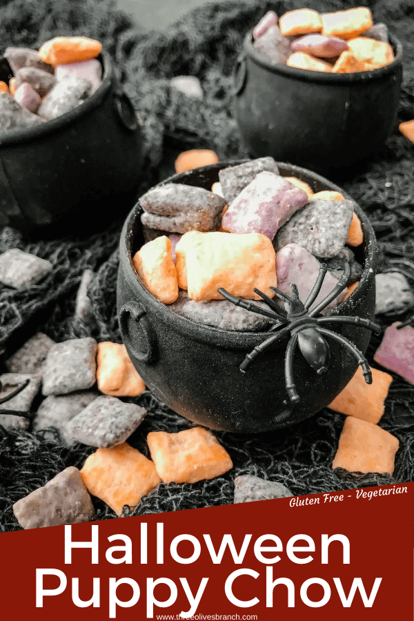 Pin image of Halloween Puppy Chow in a cauldron with title at bottom