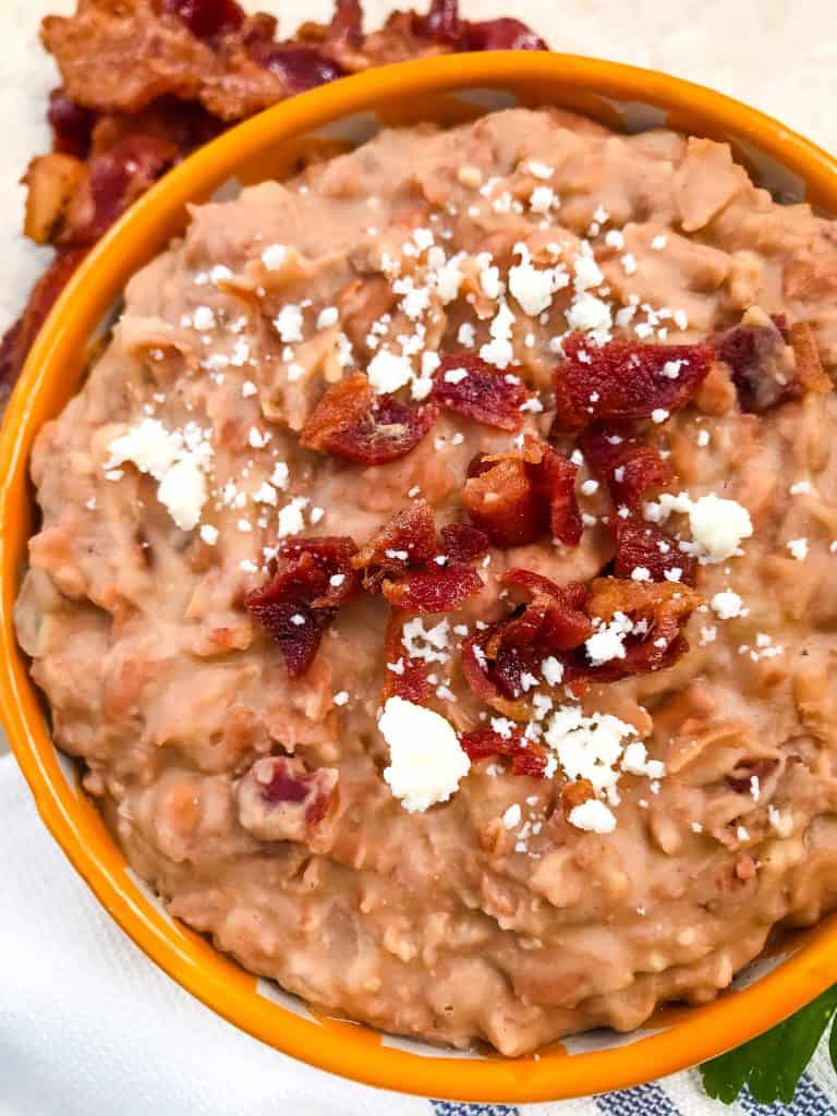 Close up of Homemade Bacon Refried Beans