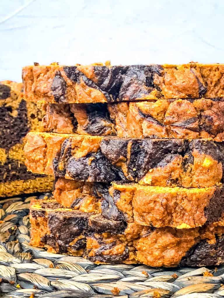 Stacked slice of Marbled Chocolate Pumpkin Bread