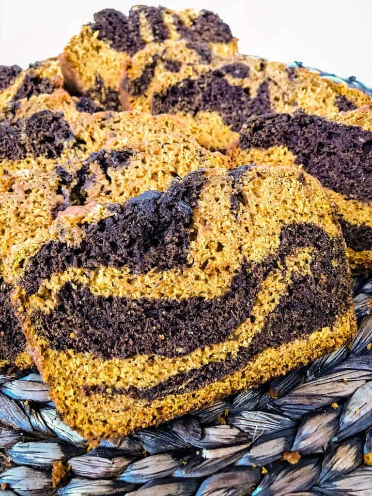 Slices of Marbled Chocolate Pumpkin Bread