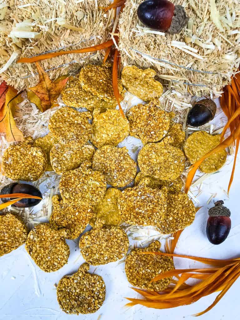 A pile of dog treats with acorns and straw