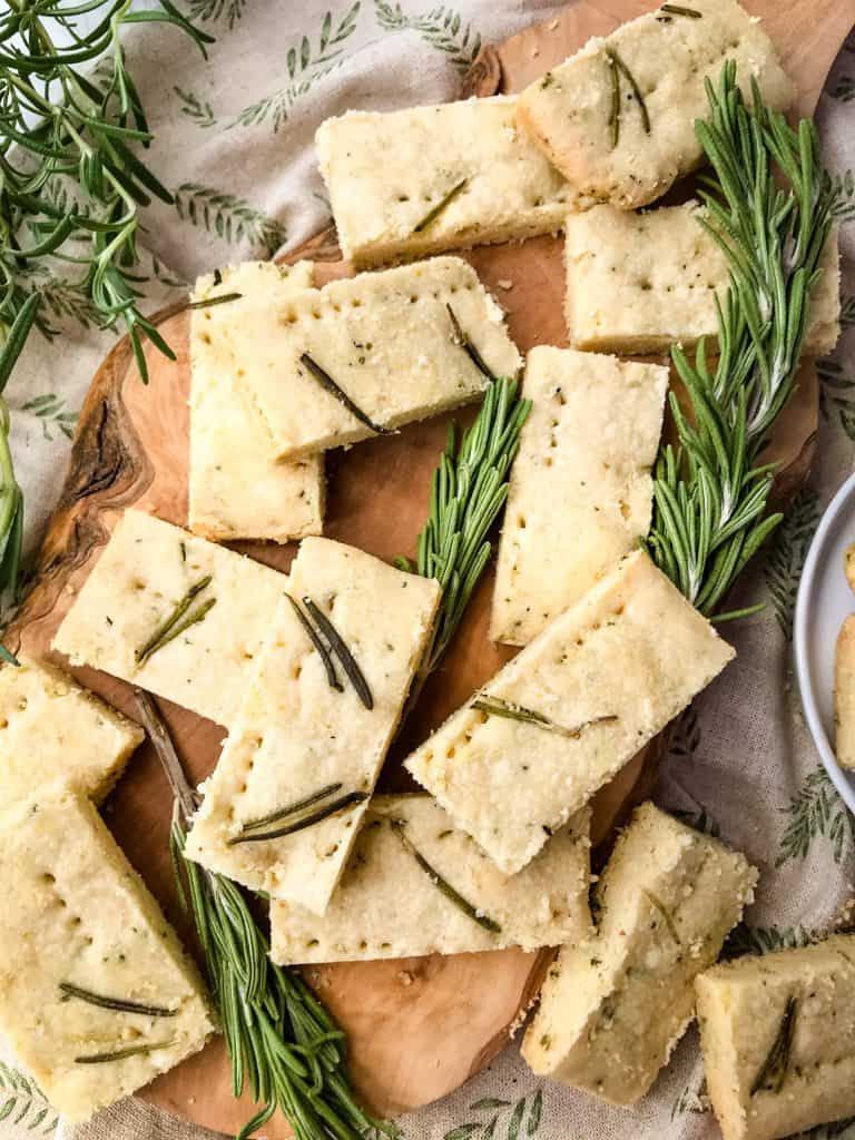 Olive Oil Rosemary Shortbread on a wood board