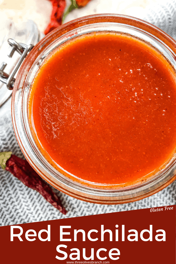 Pin image of Red Enchilada Sauce Recipe in jar with title at bottom