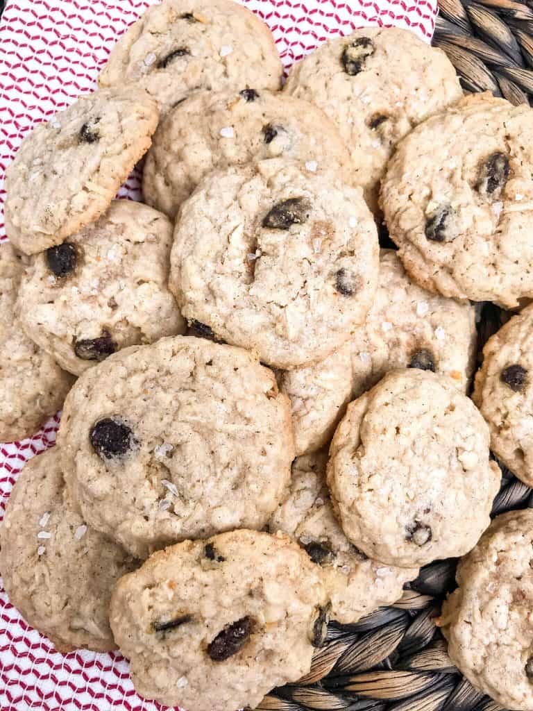 Pile of cookies on a red and white towel