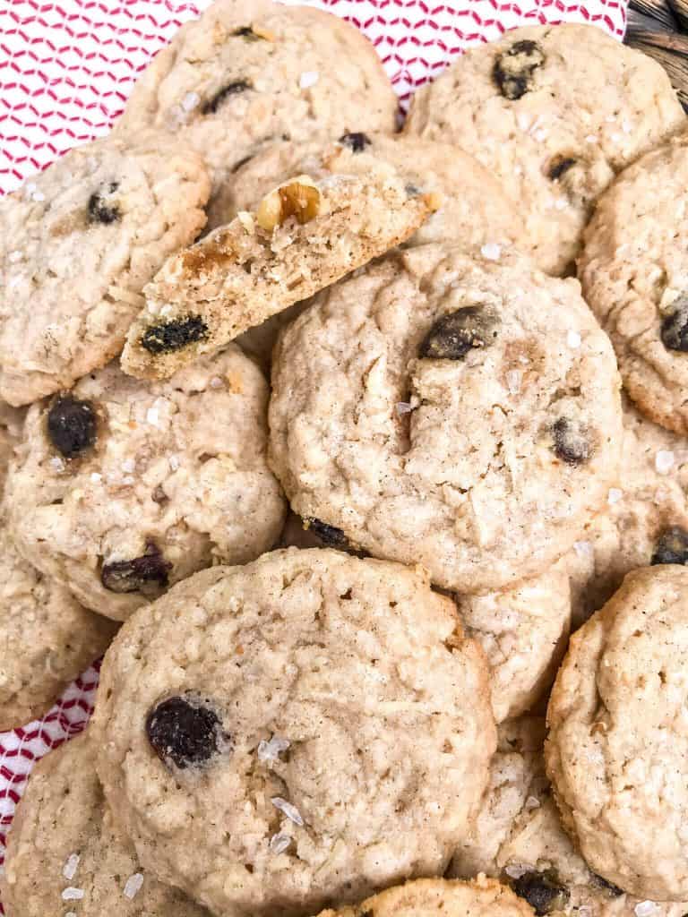 Pile of Chewy Coconut Oatmeal Raisin Cookies with Walnuts
