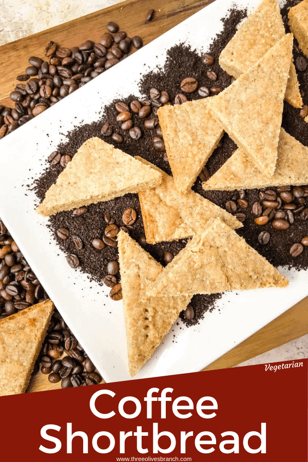 Pin image for Coffee Shortbread Recipe on a plate with coffee grounds and beans with title at bottom