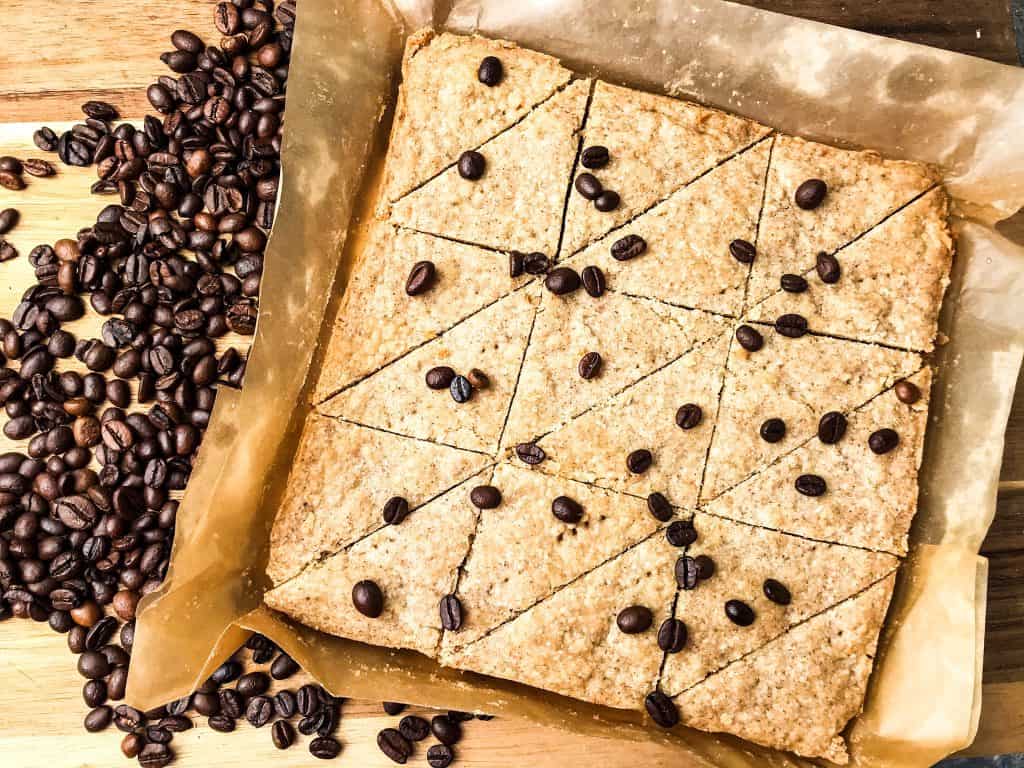 Coffee Shortbread Recipe cut into triangles on parchment paper
