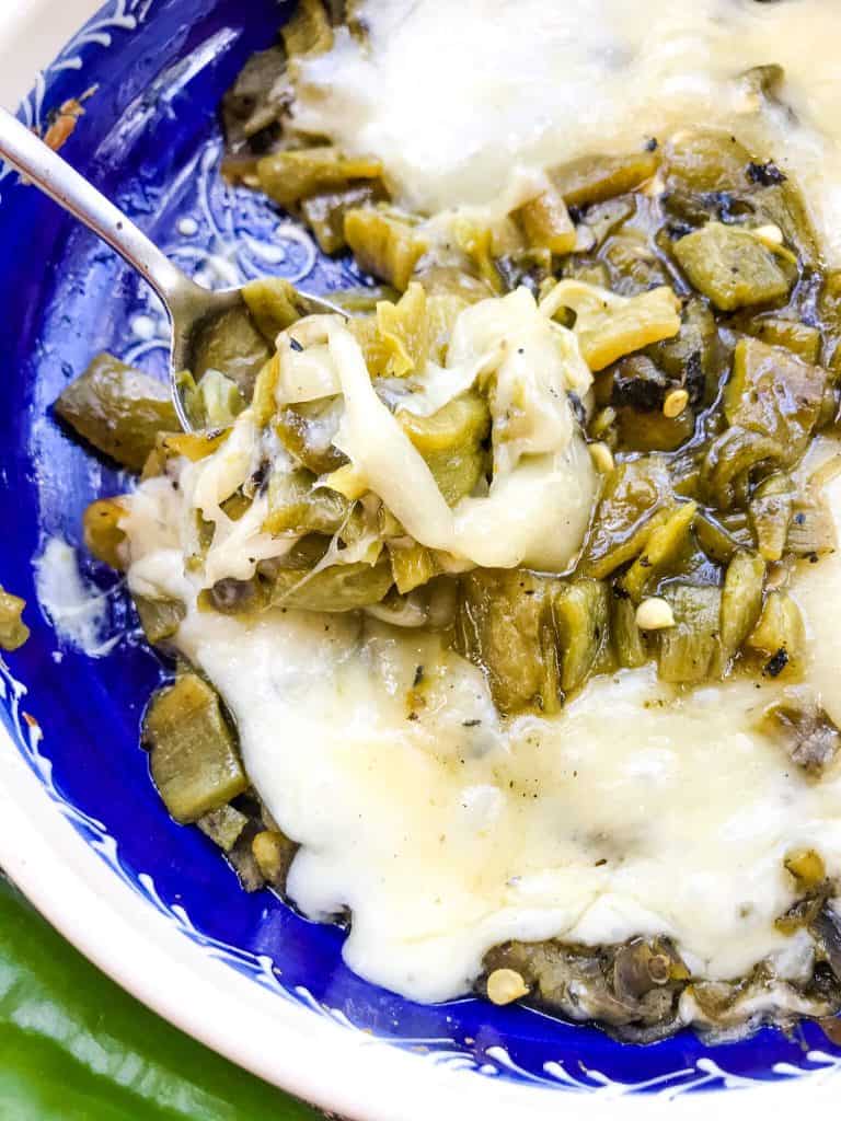 A close up of Hatch Green Chile Queso Fundido in a dish