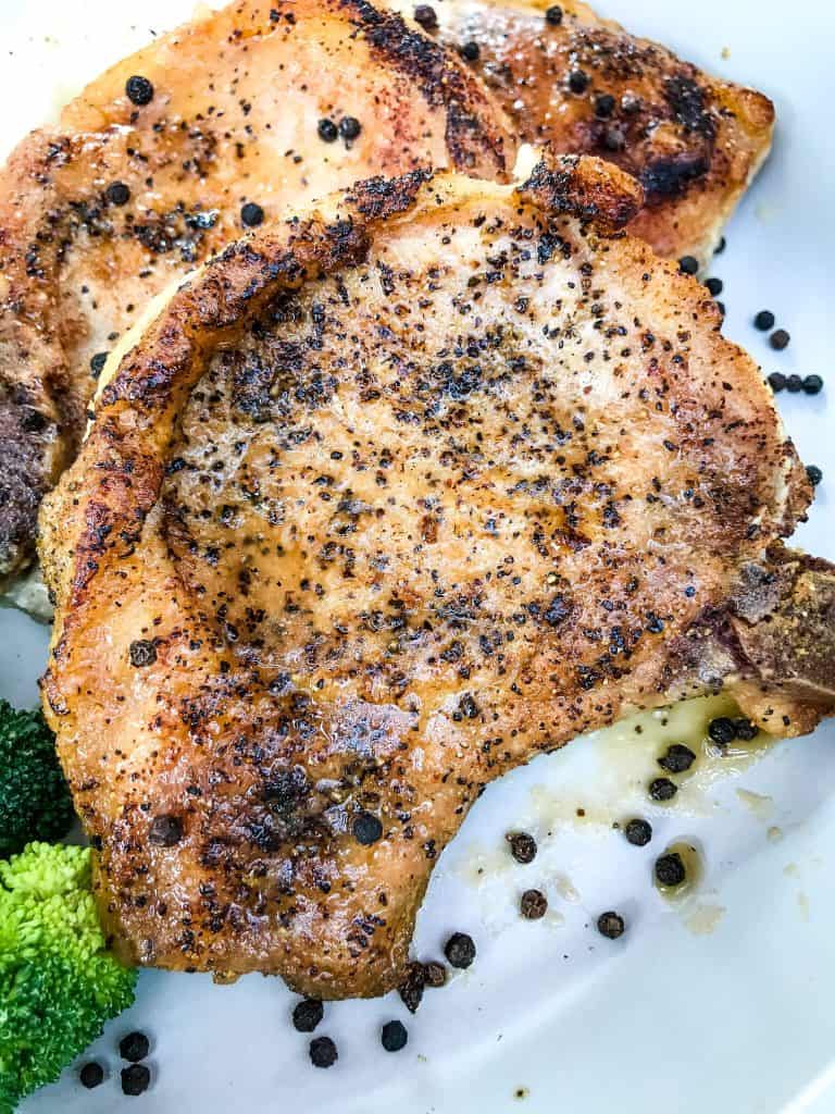 A close up of Peppercorn Garlic Pork Chops