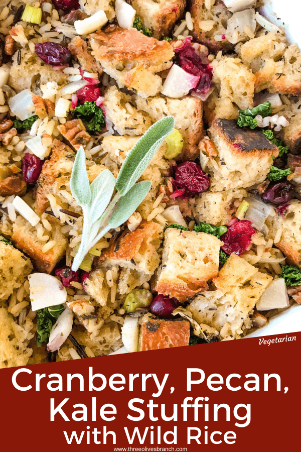 Pin image of Thanksgiving Stuffing with Cranberries, Kale, Pecans, and Wild Rice close up with title at bottom
