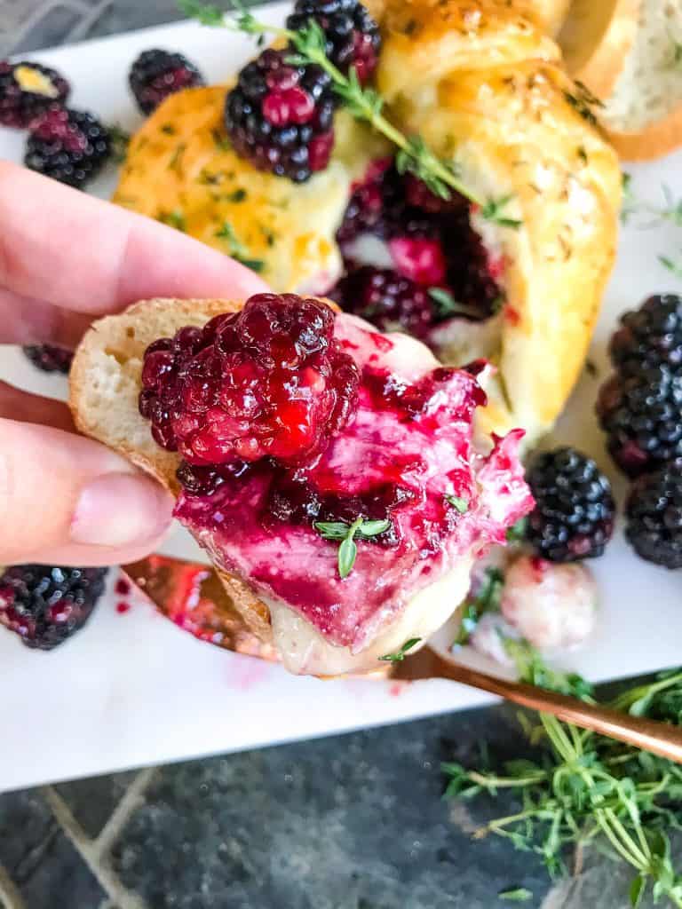 A hand holding a crostini topped with cheese and berries