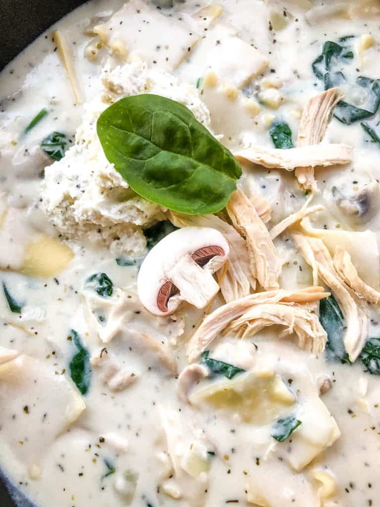 A large bowl of White Chicken Lasagna Soup