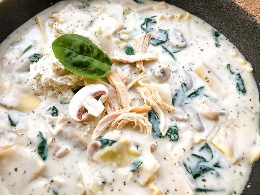 Close up of White Chicken Lasagna Soup