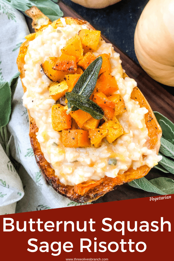 Pin image of Butternut Squash Sage Risotto in a squash half, topped with squash cubes and sage with title at bottom
