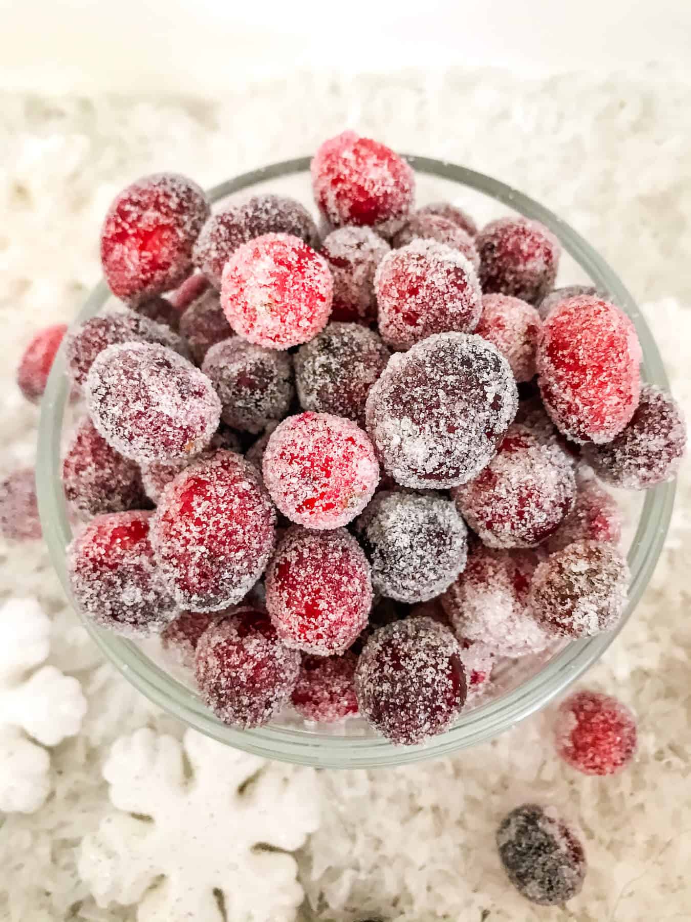 Top view of bowl of Sparkling Cranberries (Sugared Cranberries)