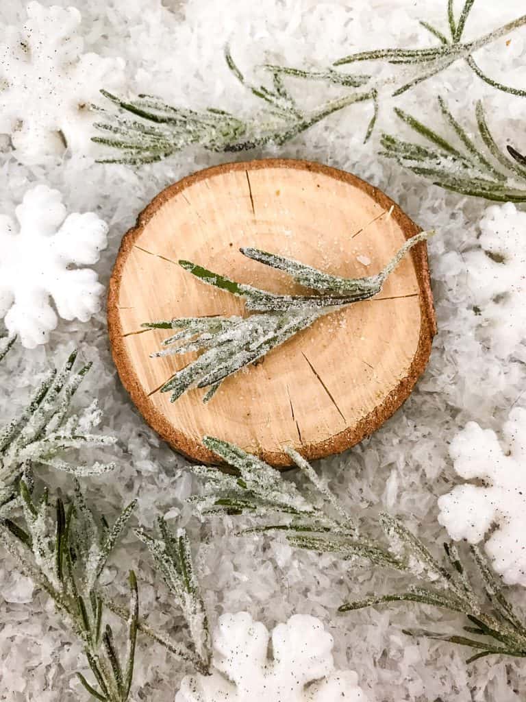 A piece of Sparkling Rosemary (Sugared Rosemary) on a slice of wood with more rosemary and snow around it