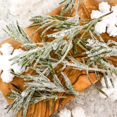 Frosted herbs with snow around it on a cutting board