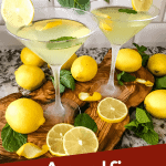 Pin image for Amalfi Martini Limoncello with two martinis and title at bottom