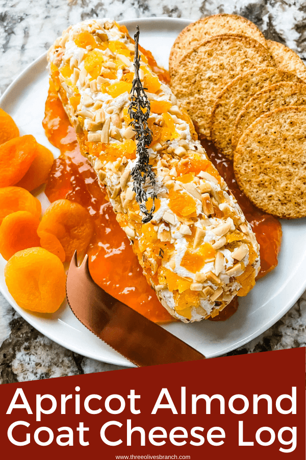 Pin image of Apricot Almond Goat Cheese Log on a plate with the title at the bottom