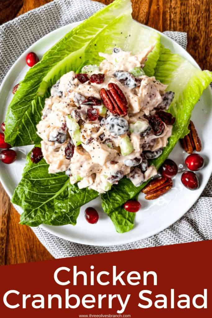 Pin image with a mound of Chicken Cranberry Salad on top of lettuce on a plate with title at bottom