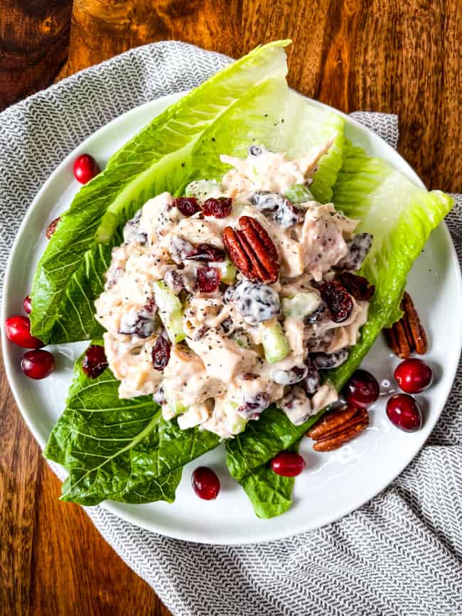 Top view of a pile of Cranberry Chicken Salad on lettuce on a plate