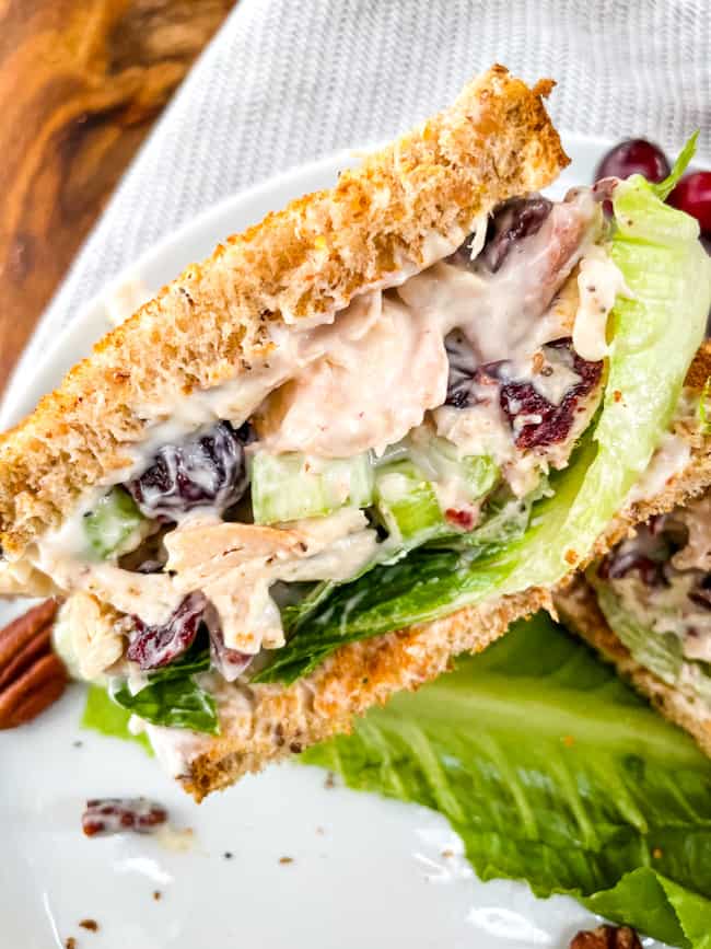 A sandwich with lettuce and Cranberry Chicken Salad