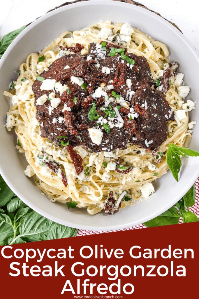 Pin image top view of Copycat Olive Garden Steak Gorgonzola Alfredo with title at bottom