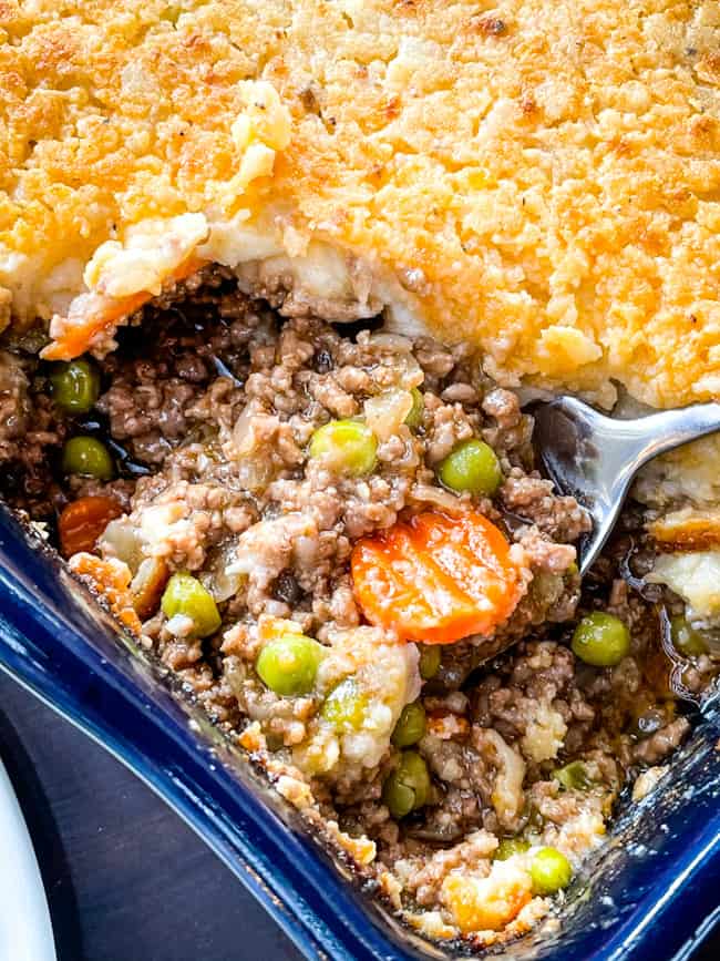 A spoon in the Guinness Shepherd's Pie casserole dish