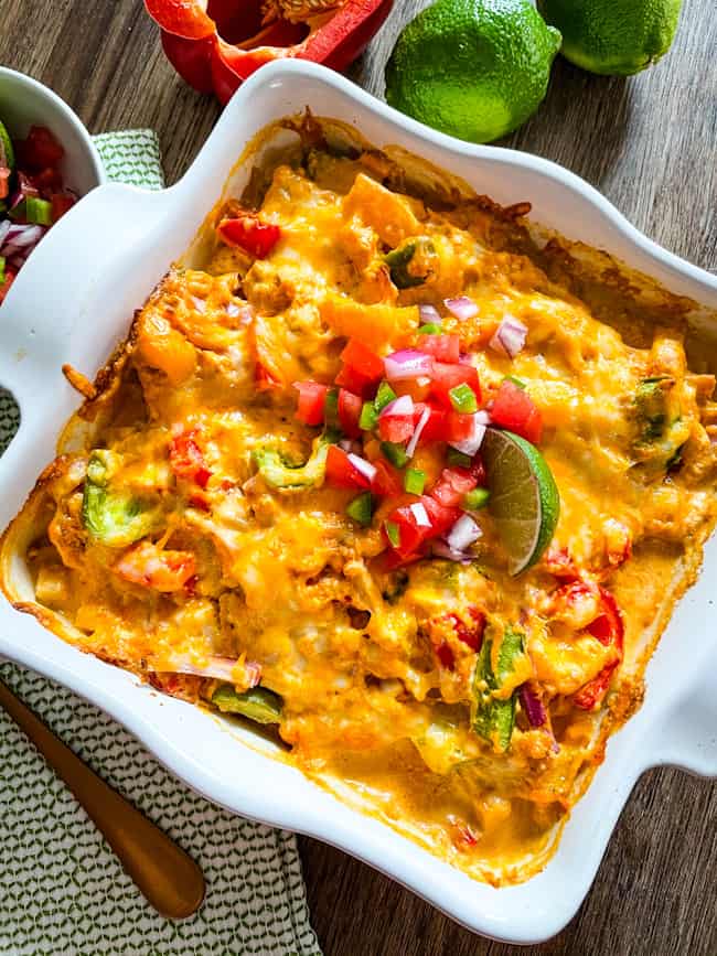 Chicken Fajita Casserole in a white square dish