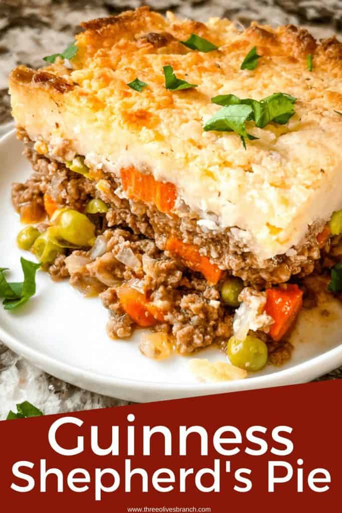 Pin image for Guinness Shepherd's Pie with a portion on a white plate and title at bottom