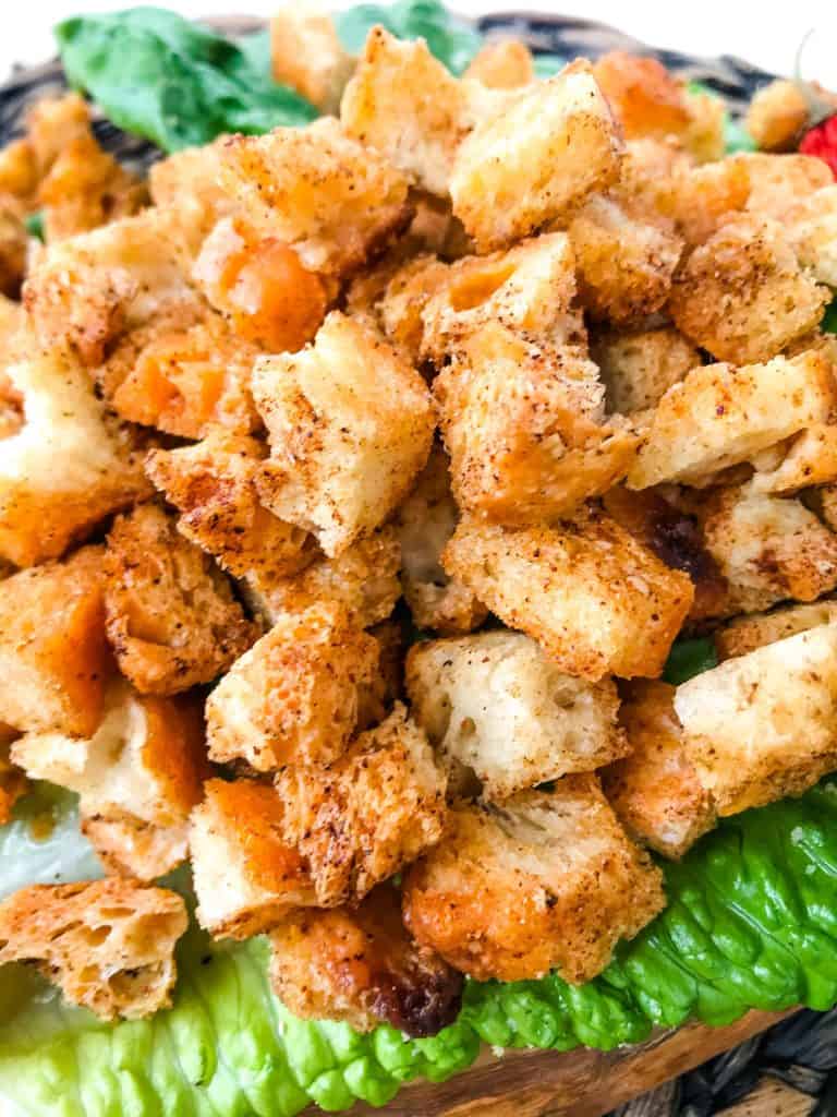 Close up view of Homemade Mexican Croutons in a pile