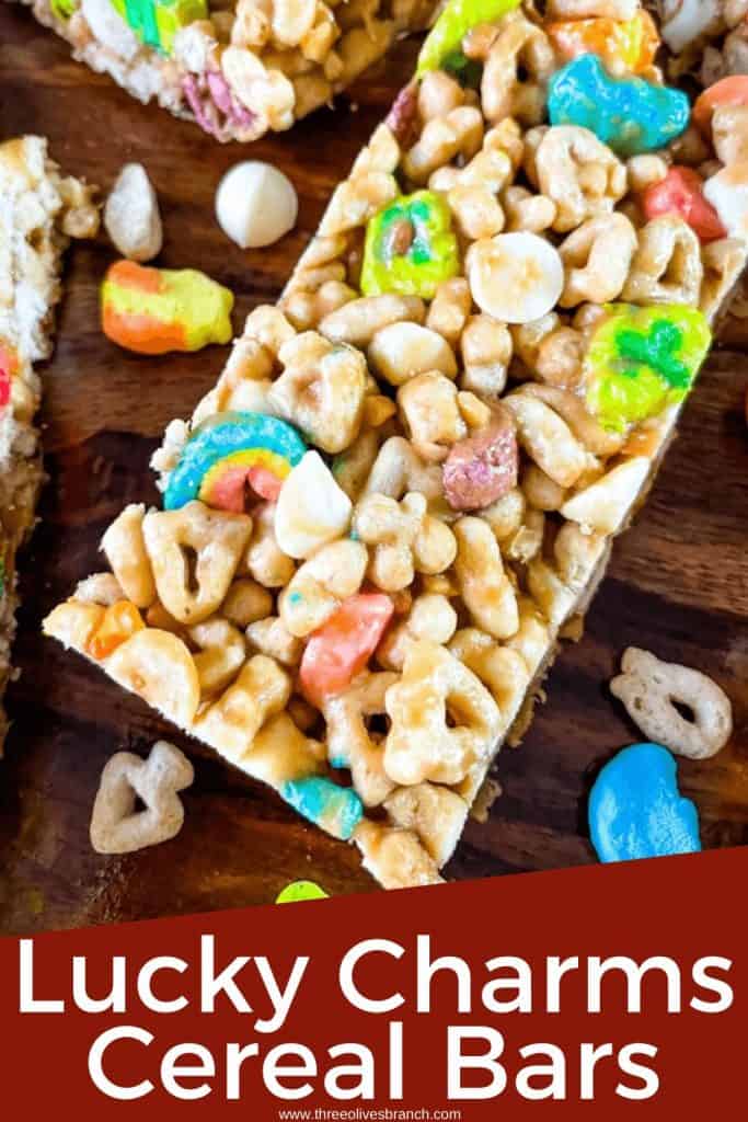 Pin image for Lucky Charms Cereal Bar of a bar close up with title at bottom