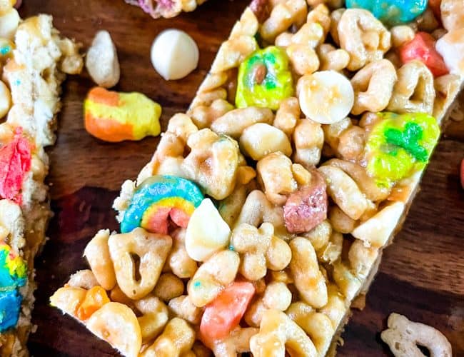 A close up of a Lucky Charms Cereal Bar