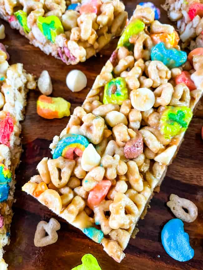 A close up of a Lucky Charms Cereal Bar