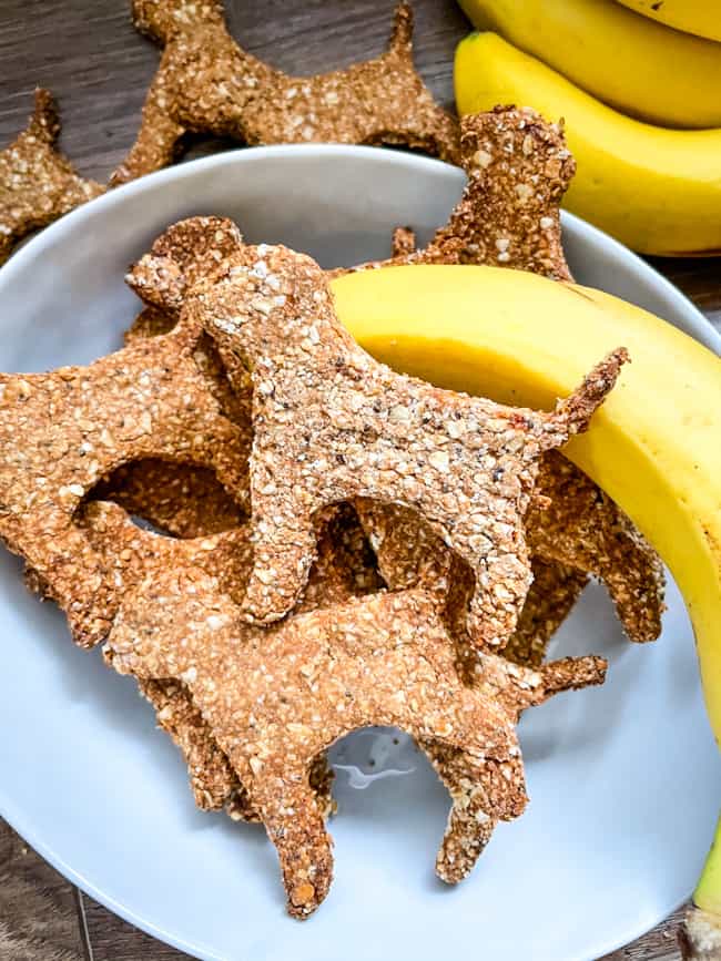 A bowl of Banana Peanut Butter Dog Treats with a banana