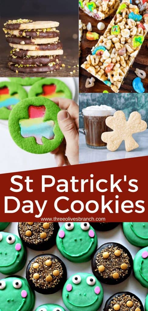 Pin image for St Patrick's Day Cookies with several cookies and title