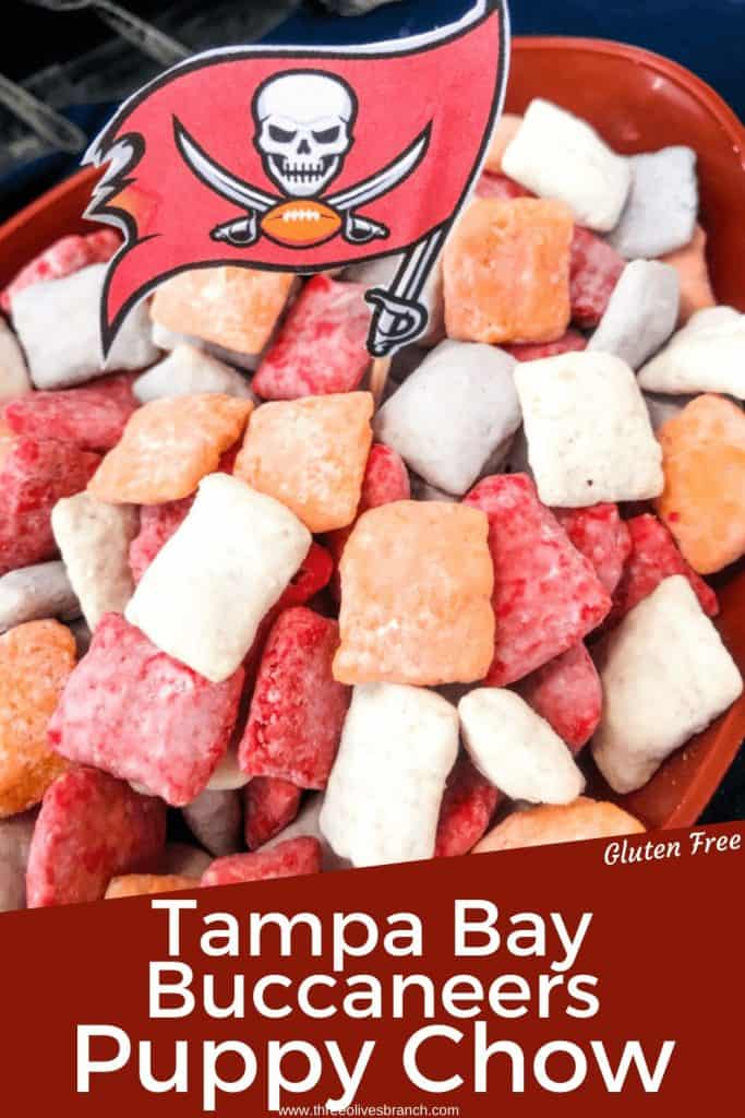 Pin image for Tampa Bay Buccaneers Puppy Chow in a football bowl with team flag and title at the bottom