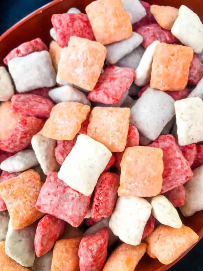 Close up of red, orange, gray, and white puppy chow