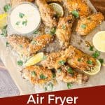 Pin image for Lemon Pepper Chicken Wings Air Fryer recipe with title at bottom