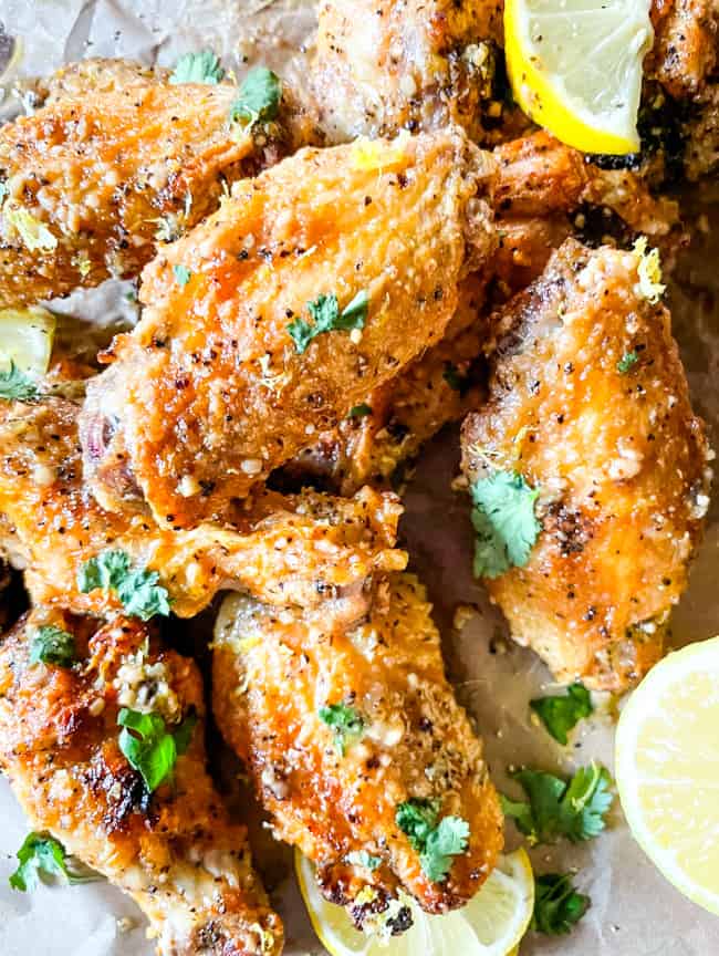 A pile of Lemon Pepper Chicken Wings Air Fryer wings