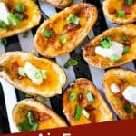 Pin image for Air Fryer Potato Skins in a tray with title at bottom