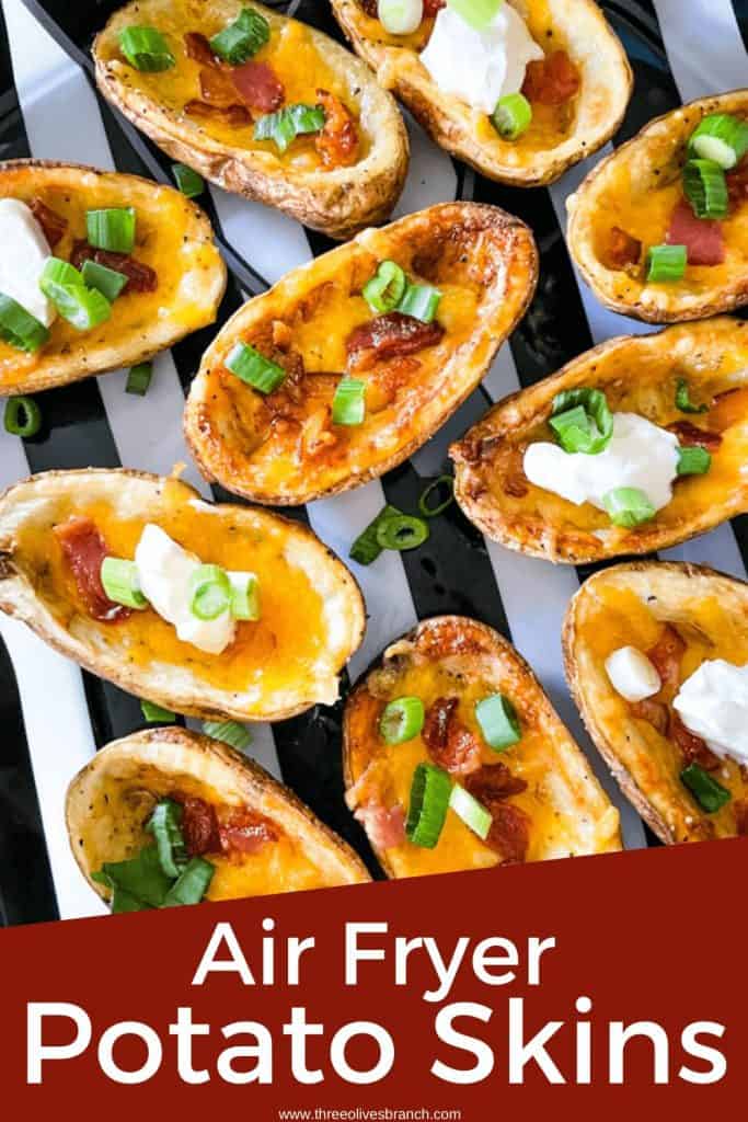 Pin image for Air Fryer Potato Skins in a tray with title at bottom
